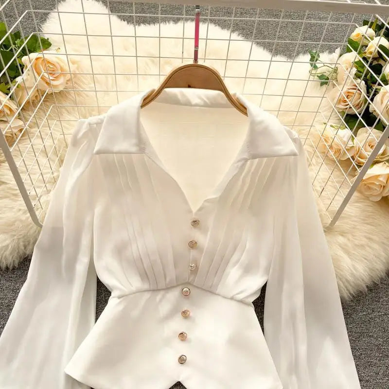 White Casual Polo-Neck Pullover Buttons Puff Sleeve Straight Women's Blouse Short Shirt Female Clothing Tops 2024 Fashion