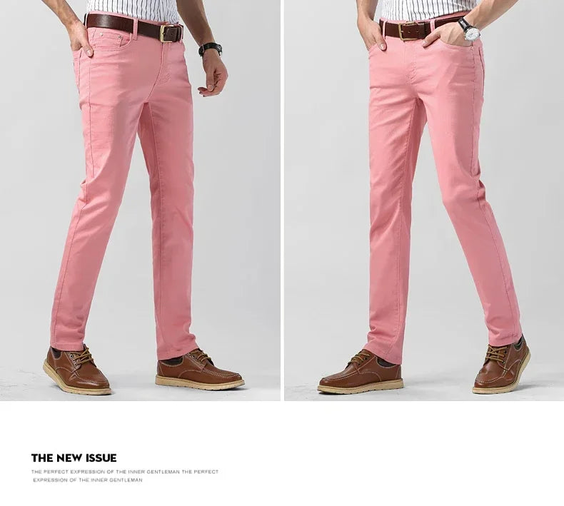 5 Colors Men's Colorful Denim Stretch Stretch Jeans Elastic Yellow Pink Red Slim Male Clothing Simple Business Denim Trousers