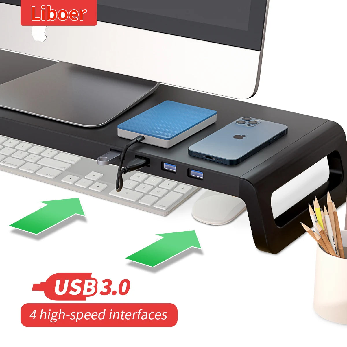 Monitor Stand Desk Monitor Stand Riser with USB 3.0 Hub Lightweight Sturdy Aluminium ABS Material Monitor Desk Shelf Main image