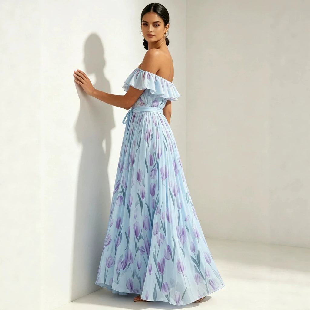 2026 summer off-the-shoulder tulip print plus size slimming square neck maxi dress