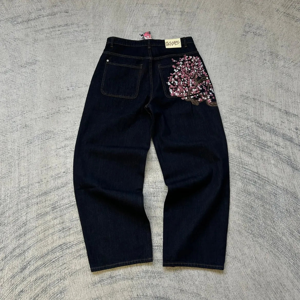 Vintage Low Waist Hip Hop Cherry Blossom Embroidered Jeans  Wide Leg Trousers Y2K Clothes Mens Womes Embroidered Baggy Jeans