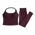 Halter Top Leggings 2-Piece Set Seamless Halterneck Backless Yoga Top+Scrunch Booty Leggings Fitness Gym 2pcs Set