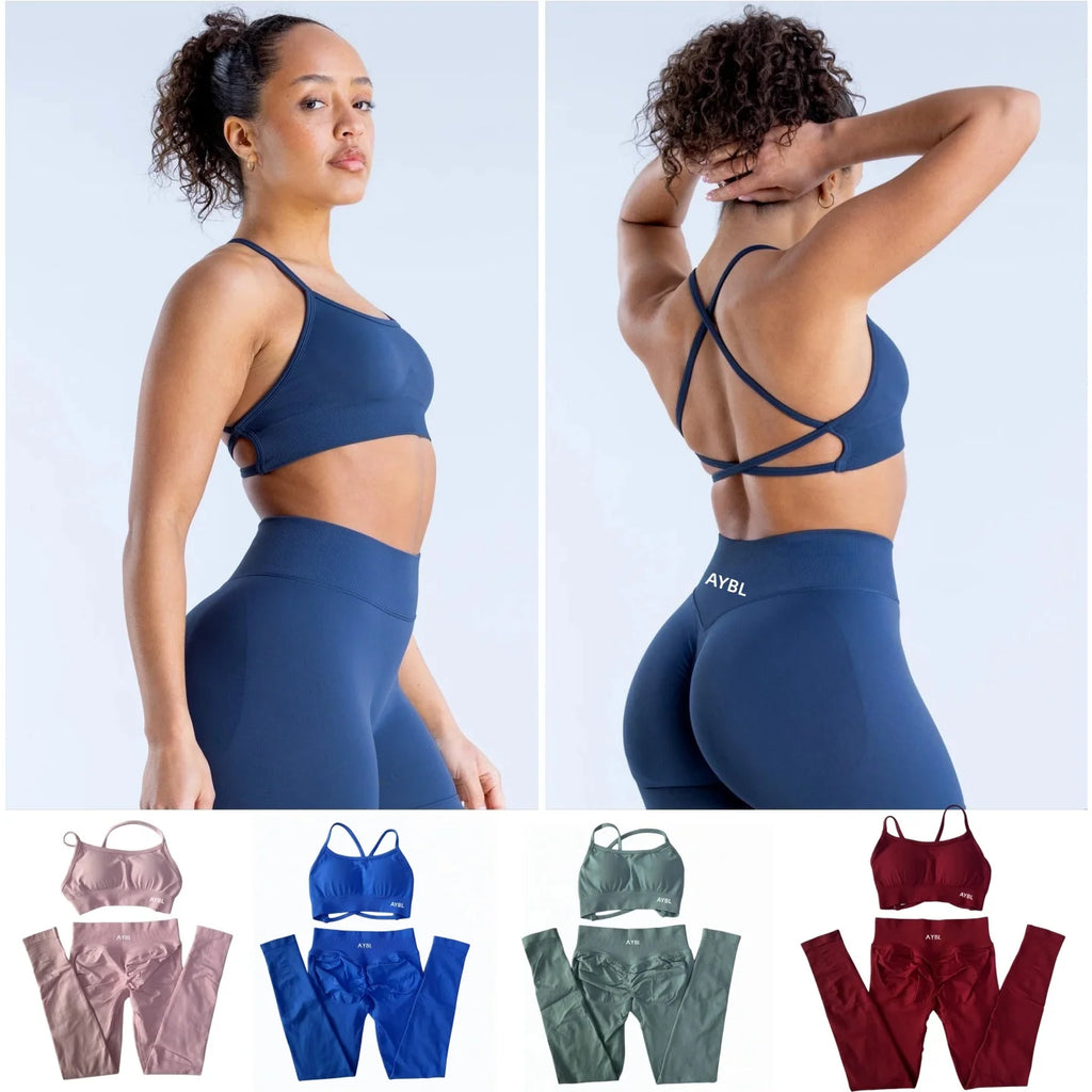 AYBL Yoga Set Seamless Yoga Set 2 Pieces Women Workout Set Scrunch Leggings Backless Sports Bra Fitness Top Gym Pants Clothes