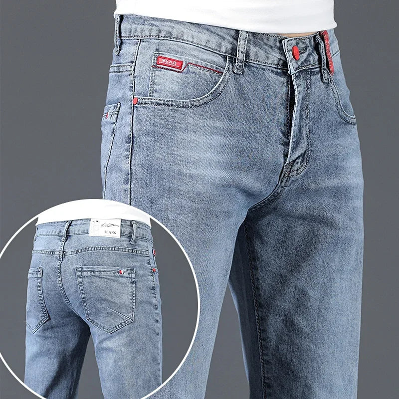 2024 New Men's Cotton Business Casual Skinny Jeans Trendy Fashionable Stretch Straight Slim Denim Trousers Male Blue Grey Main image