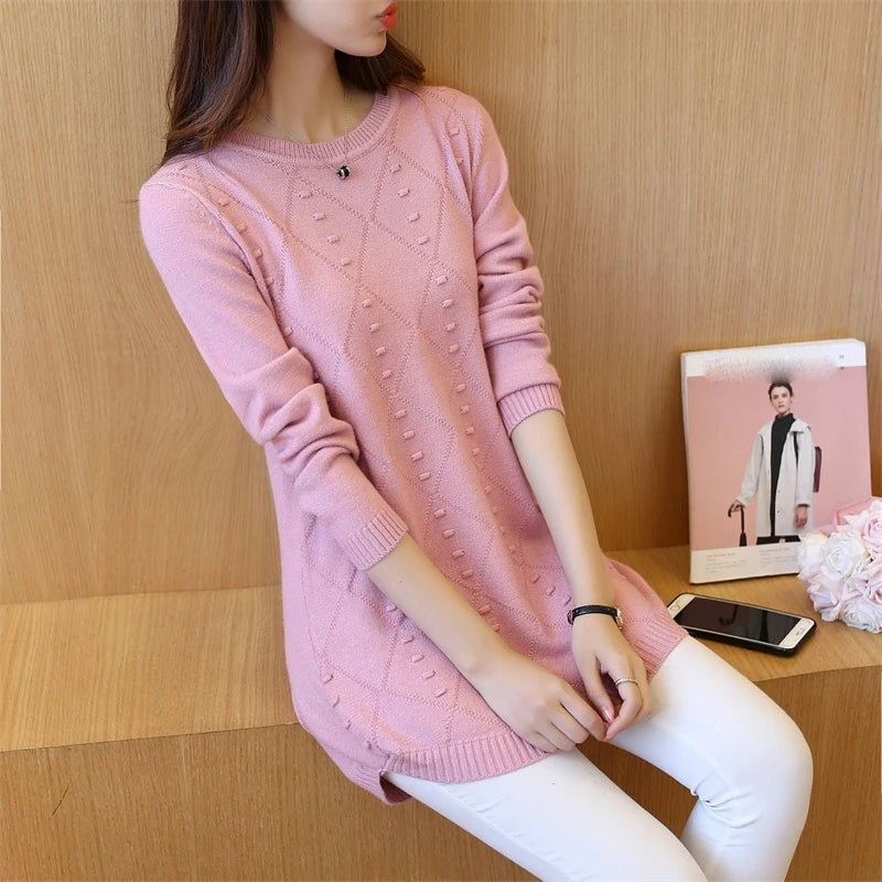Knitted Jumper Autumn Winter Tops O-neck Long Sleeve Pullovers Casual Warm Women's Sweaters Midi Long Slim Sweater Girls