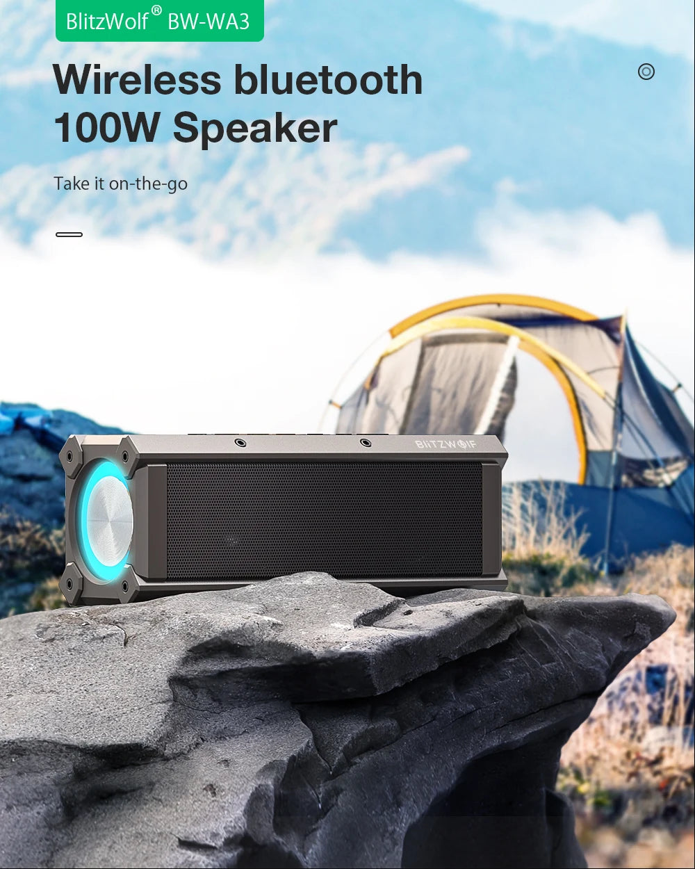 BlitzWolf BW-WA3 100W TWS bluetooth Speaker Quad Drivers Dual Diaphragm Deep Bass RGB Light IPX5 Waterproof 5000mAh Speakers