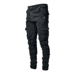 Men's street stretch denim jeans, washed solid color multi pocket work pants, casual slim fit, daily wear, jogging pants, mid wa