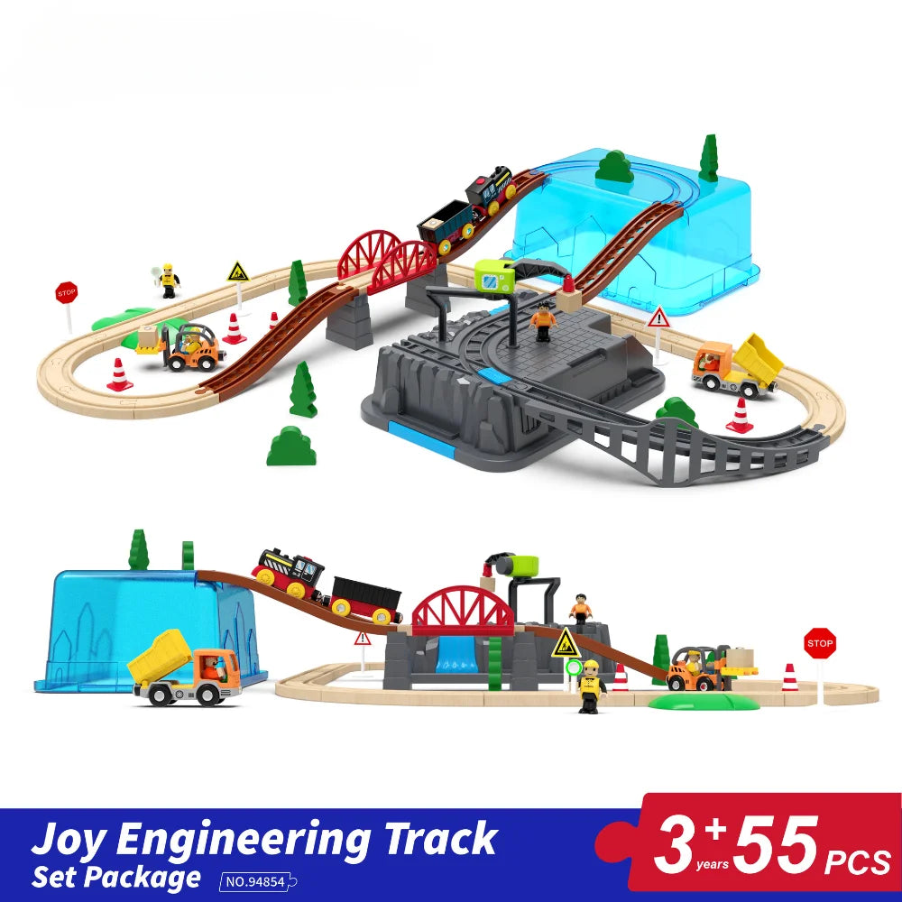 55pcs/set Wooden Railway Track Set Electric Train Magnetic Car Diecast Slot Fit All Brand Biro Wood Track Assemble Toy Boy Gift Main image