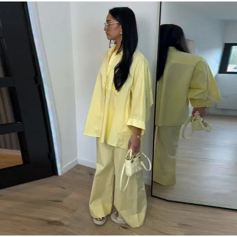 Women Solid Lapel Full Sleeves Pant Suits Chic Single Breasted Wide-leg Long Pants Sets 2026 Lady  Casual Daily Loose Fit Outfit