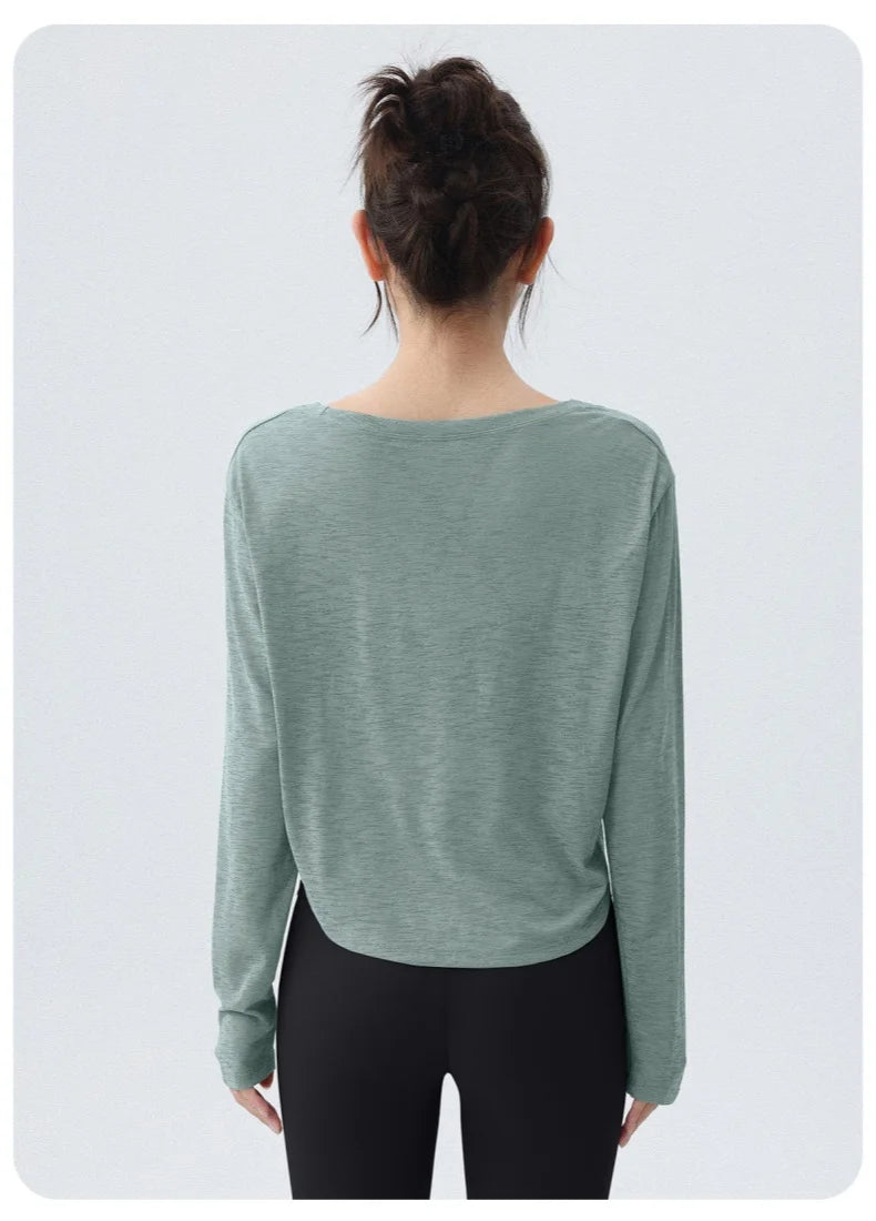 DRUR Women's Long Sleeve Yoga T-Shirts, Loose Fit Sports Fitness Crop Tops Casual Lightweight Thin Shirt For Gym Street Travel