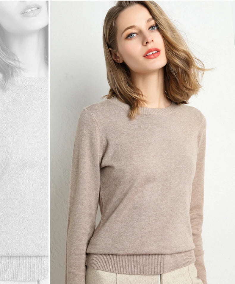 Women Slim O-Neck Pullover Cashmere Wool Blending Sweater Autumn And Winter Long-Sleeved Knit Bottoming Shirt Large Size 2024