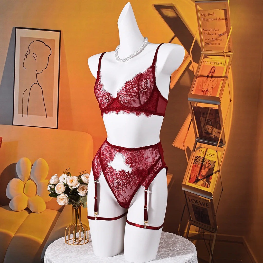Elegant Lingeries Sexy Hot Exclusive Coffee Bra Belt Thong 3PC with Leg Circles Cute Intimate Lace Tempted Tipsy Set