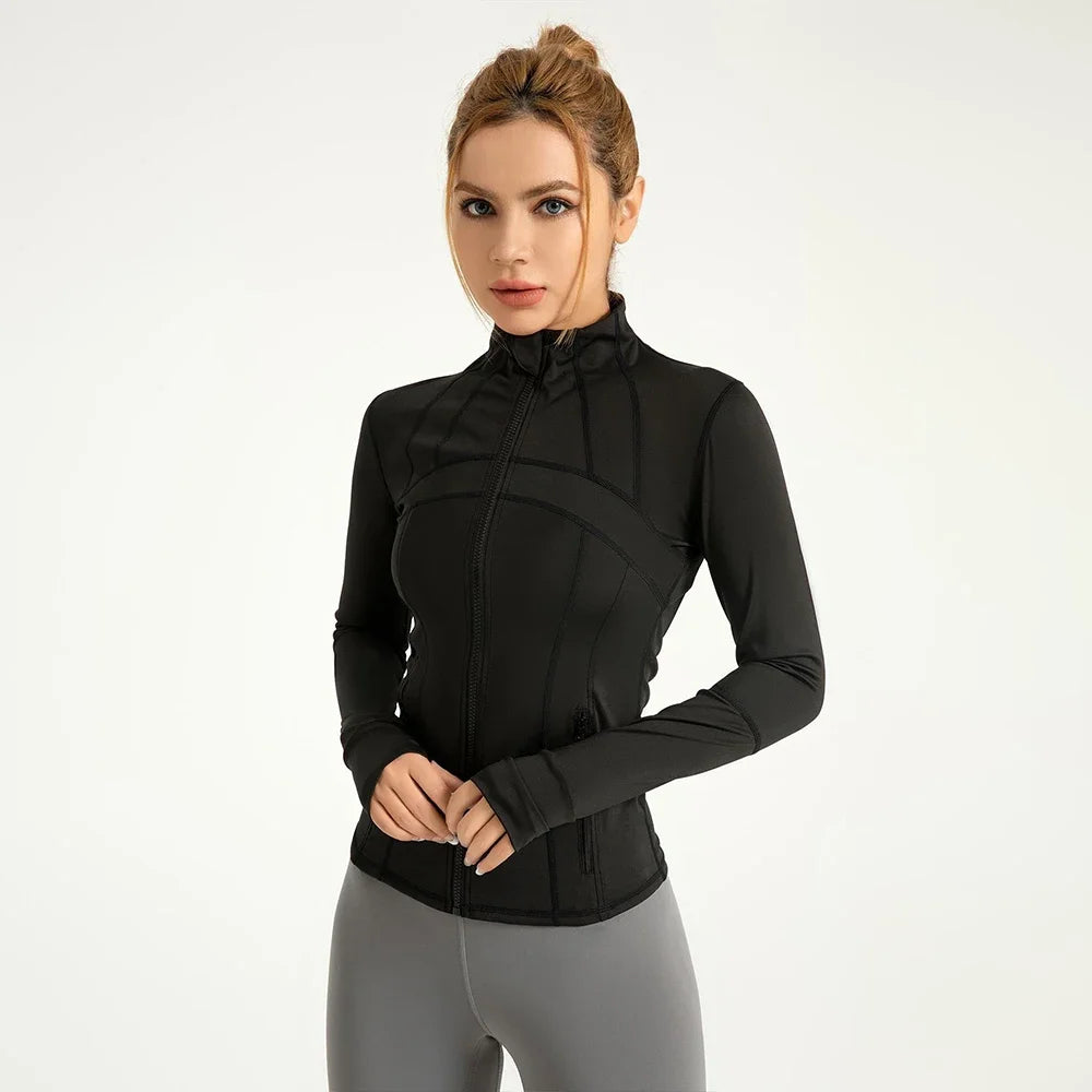 Women's Full-Zip Long Sleeve Yoga Jacket – Slim Fit Workout Jacket with Thumb Holes & Side Pockets, 5 Colors Available