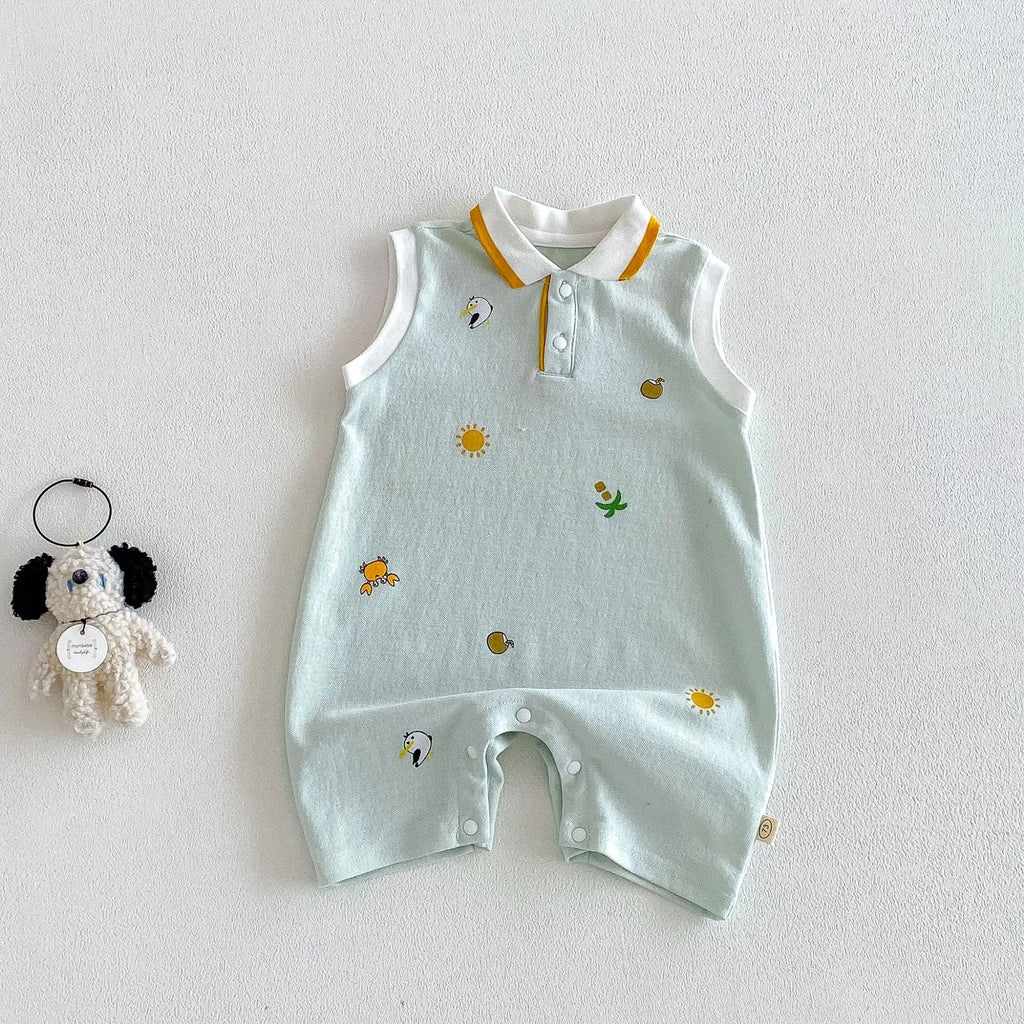 2026 New Summer 0-2Y Baby Clothes Cartoon Print Sleeveless Polo Romper Breathable Mesh Fabric with Placket Snap Closure