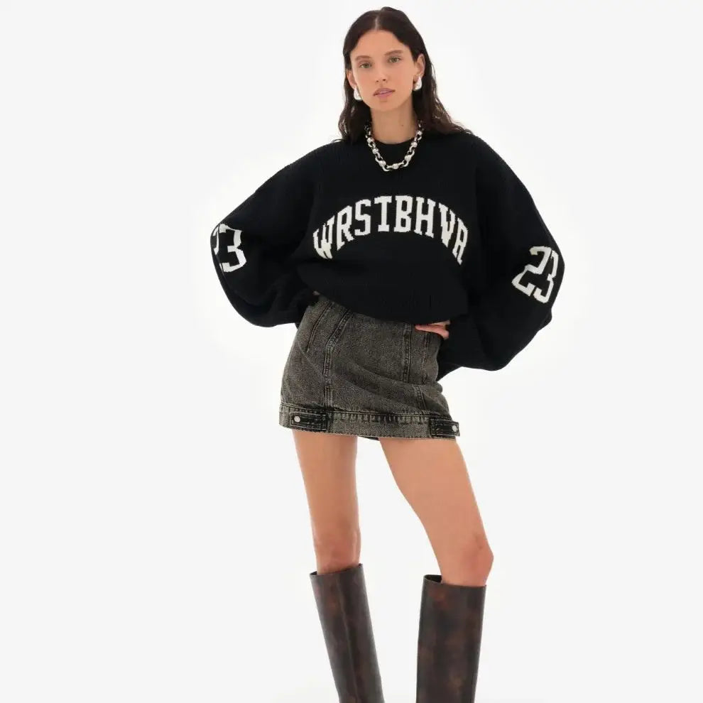 Trendy Loose Letter Jacquard Knitted Pullover Women's 2025 Autumn New Highstreet Gray Black Soft Sweater Hottie Versatile Pieces