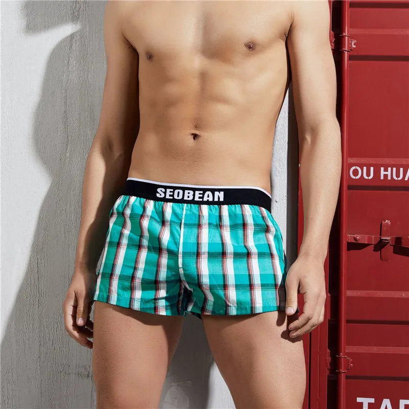 SEOBEAN Classic Plaid Mens Boxer Shorts 100% Cotton Underwear Boxershorts U convex Pouch Arrow Panties Shorts Men Sleep Bottoms