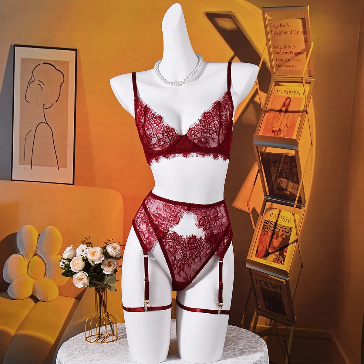 Elegant Lingeries Sexy Hot Exclusive Coffee Bra Belt Thong 3PC with Leg Circles Cute Intimate Lace Tempted Tipsy Set