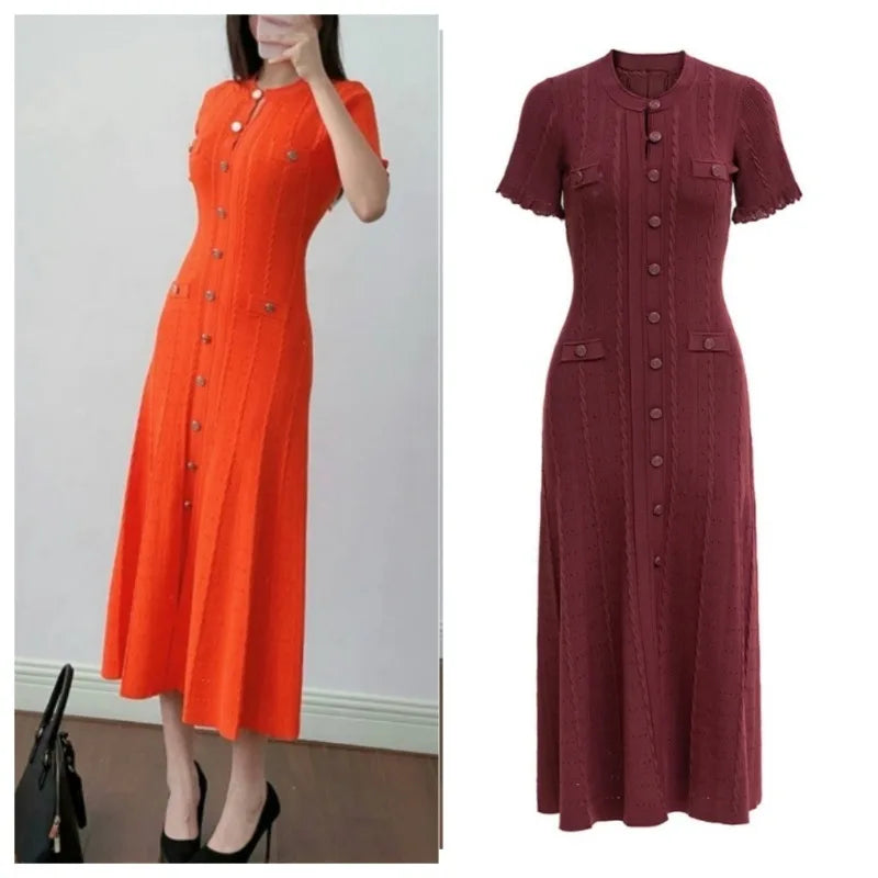 Summer Solid Round Neck Short Sleeved Office Lady Knitted Dress Women Korean Single Breasted Hollow Out Long Dress Fashion Trend