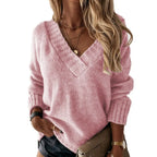 Fashionable casual women's autumn and winter new solid color sweater women's foreign trade V-neck long sleeve pullover knit top