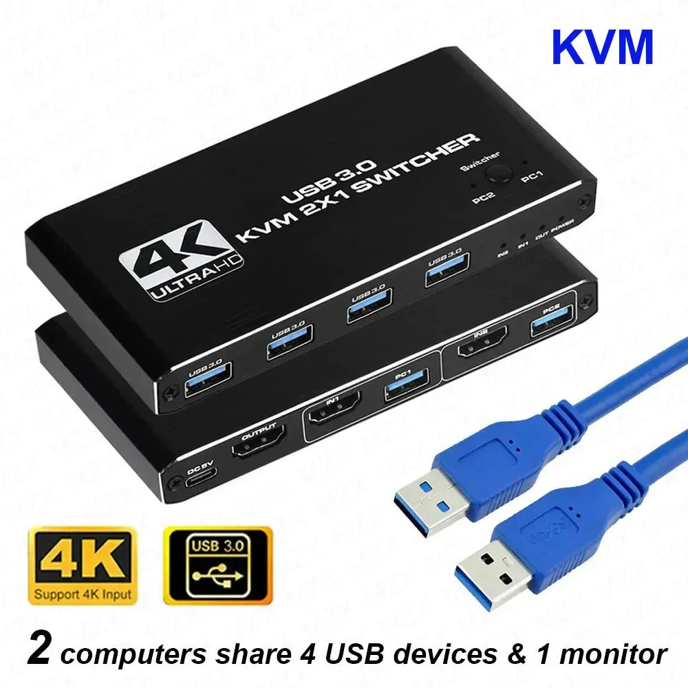 KVM Switch 4K 60Hz Switcher USB 3.0 Hub Docking Station Splitter Dock 2 Computers Share Keyboard Mouse Printer PC Accessories