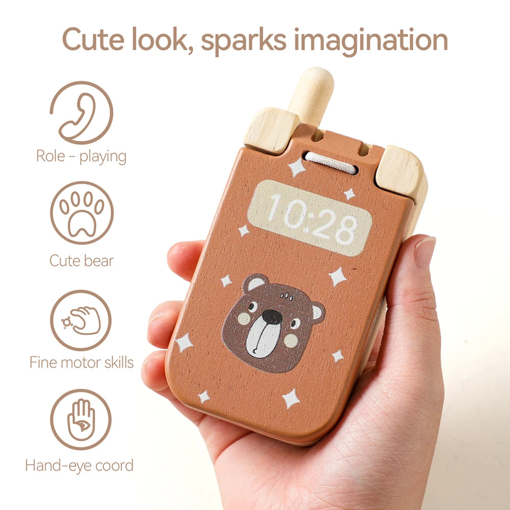 Baby Wooden Bear Phone Teether Toy Telephone Sleeping Pacifier Teething Flip Simulation Phone Toys Early Educational Toy Gifts