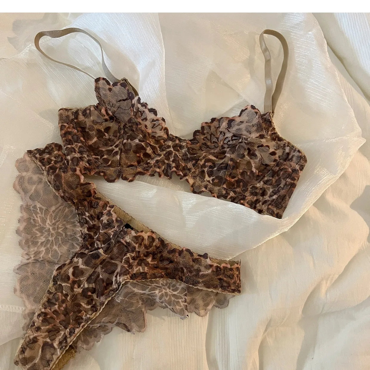French Sexy Underwear Thin Leopard Print Transparent Lingerie Comfortable Women's Gathered Underwire see through bra Set Thong