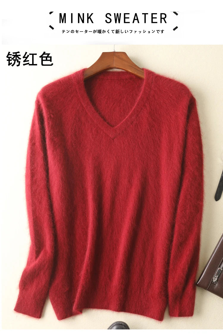 LHZSYY Men's 100% Mink Cashmere Large Size Sweaters Autumn Winter Solid V-neck Casual Knit Pullovers Men Long Sleeve Warm Jumper