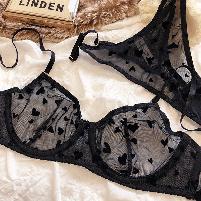 New Lingerie Thongs Set Sexy Ultra Thin Transparent Bra Women Underwire Push Up Bra Set Summer Romantic Peach Heart Underwear