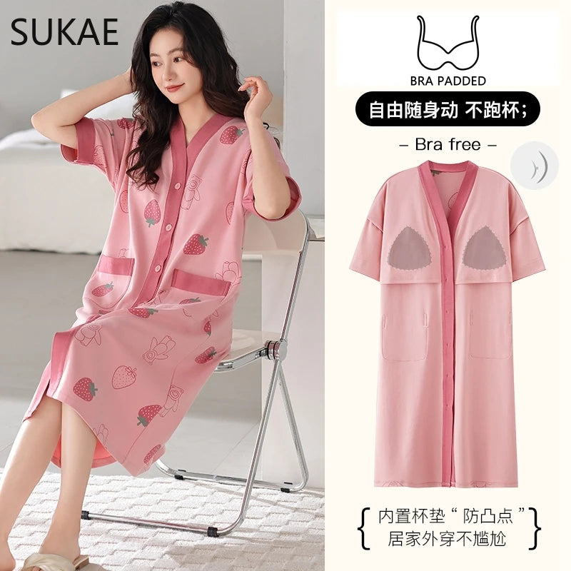 SUKAE Midi Nightdress M-5XL V-neck Bra Padded Botton Sleepshirt Plus Size Cotton Nightgowns Summer Women Short Sleeves Nightgown