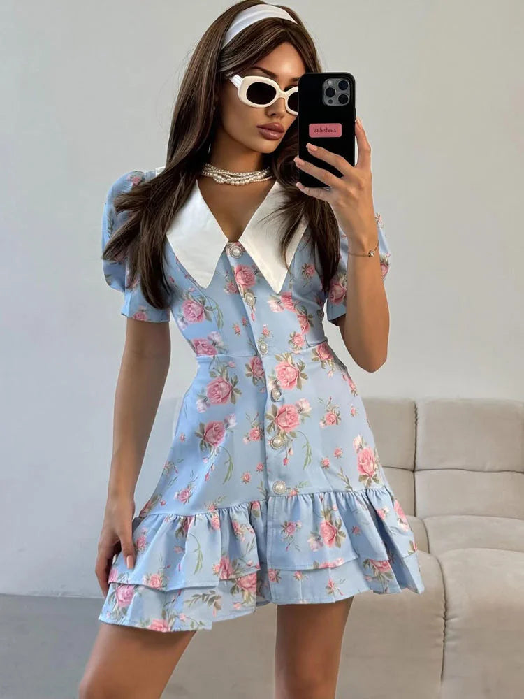 Tossy Printed Lapel Fashion Mini Dress Women's Short Sleeve Patchwork Contrast Elegant Summer Dress 2025 Female Bodycon Dress