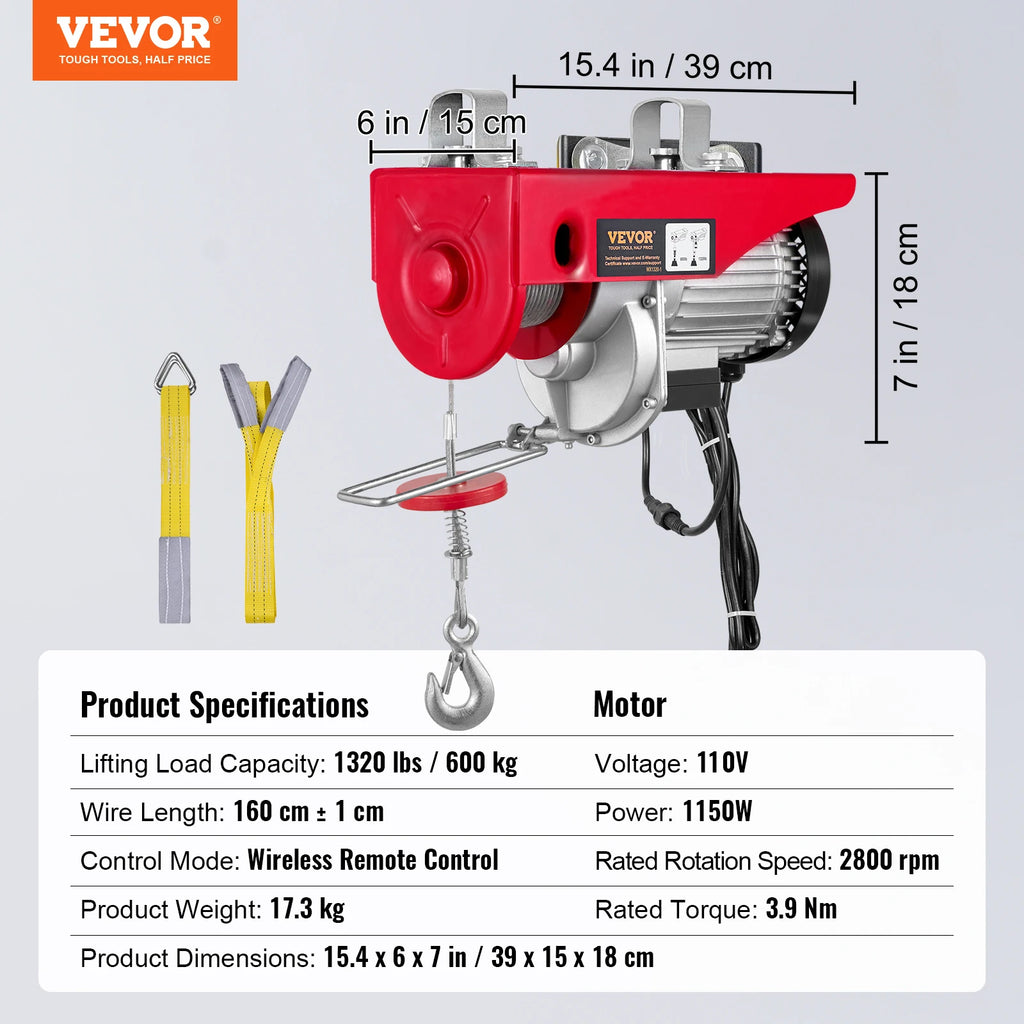 VEVOR 1320/1760/2200 lbs Electric Cable Hoist Winch with Wireless Remote Control & Emergency Stop for Garage Warehouse Lifting