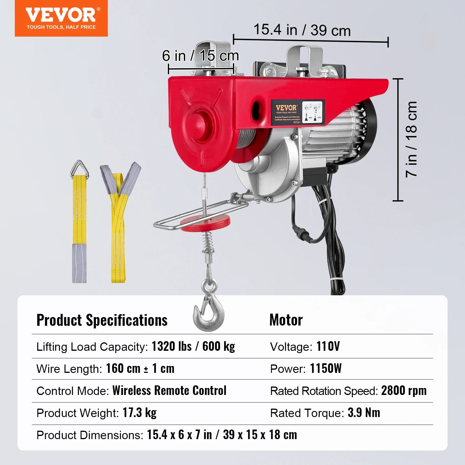 VEVOR 1320/1760/2200 lbs Electric Cable Hoist Winch with Wireless Remote Control & Emergency Stop for Garage Warehouse Lifting