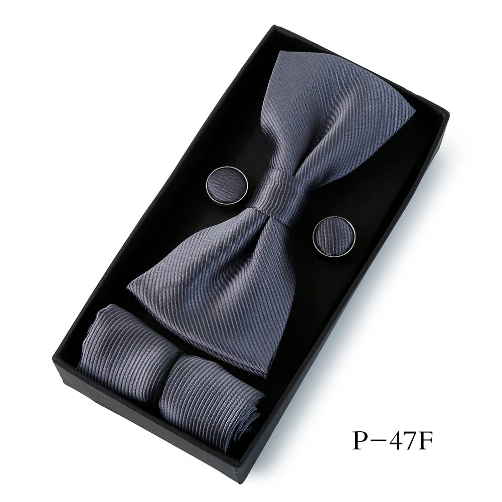 HUISHI Classic Black Bowtie Bow Ties For Mens Butterfly Bowknot Pocket Square Cufflinks Suit Set Bussiness Accessories Gift Box