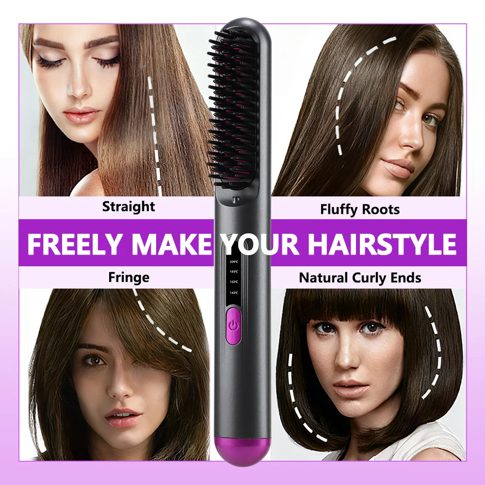 Cordless Hair Straightener Brush 3 Temperature Electric Negative Ions Ceramic Anti-Scald Heated Comb Hair Styling Tools