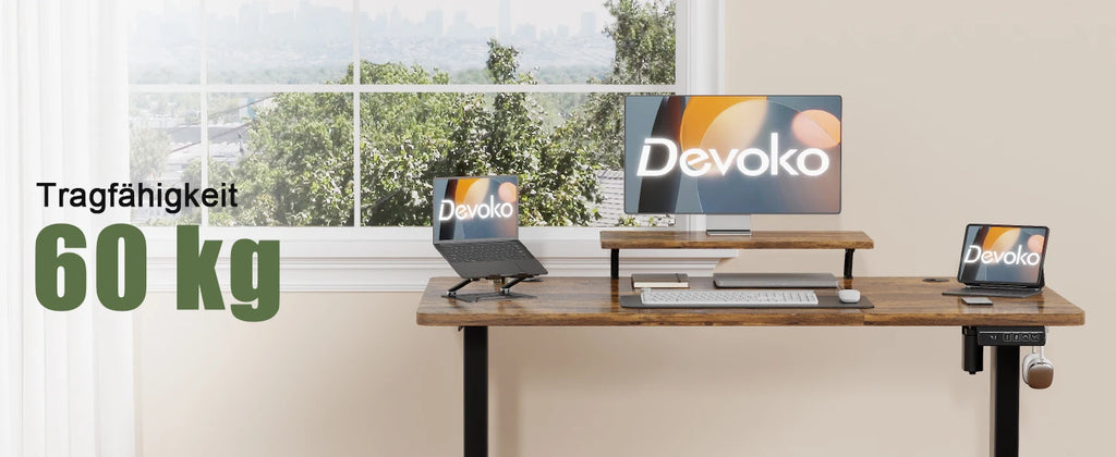 Devoko Height Adjustable desk Electric 120 × 60cm with Monitor Stand Ergonomic Seat Standing Desk (White)