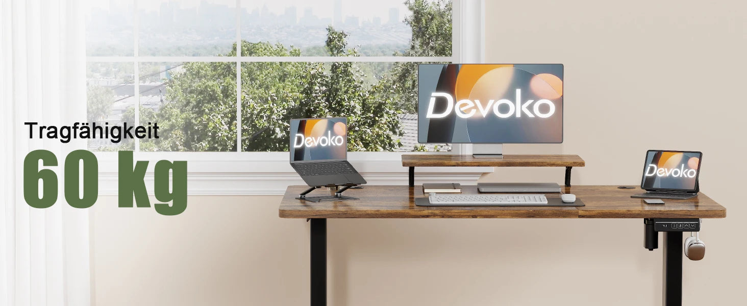 Devoko Height Adjustable desk Electric 120 × 60cm with Monitor Stand Ergonomic Seat Standing Desk (White)