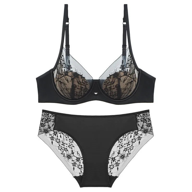 Luxury Women Lingerie Set Sexy Lace Embroidery Underwear French Thin Cup Push Up Bra Summer Mesh Breathable Intimates Bra Sets