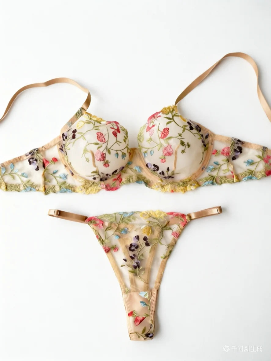 Yimunancy Floral Embroidery Lingerie Set Women Sheer 2-Piece Boho Bra + Panty Underwear Set Intimates