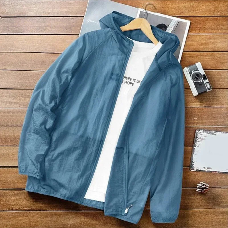 Men's Summer Thin Sun Protection Jacket Outdoor Zipper Hooded Loose Casual Outerwear UV-proof Breathable Quick Dry Cycling Coats