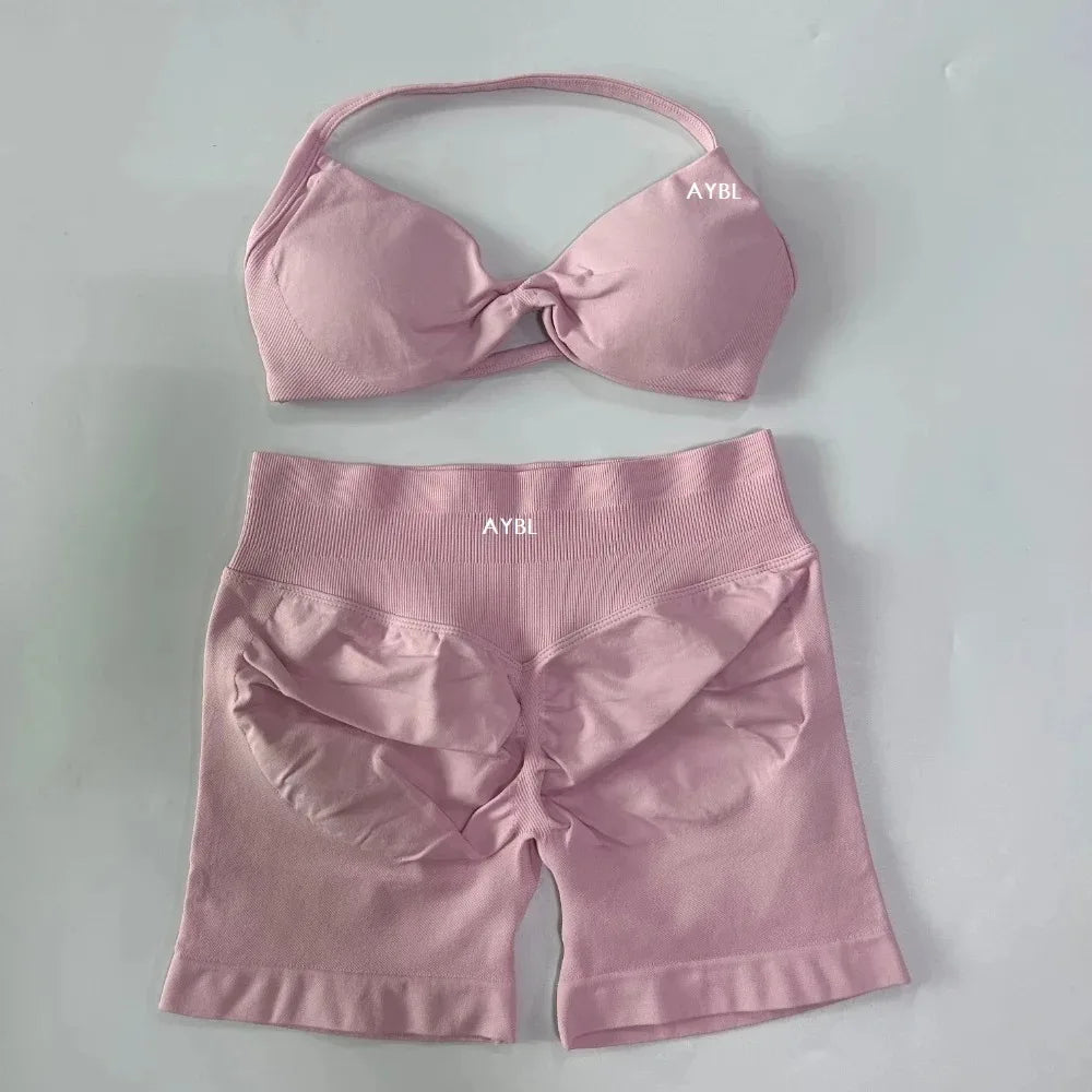 AYBL 2PCS Yoga Set Gym Set Women Strappy Yoga Bra Top High Waist Workout Scrunch Shorts Sports Suit Seamless Yoga Set Fitness