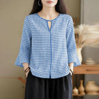 ZANZEA Women Summer Plaid Patchwork Blouse 3/4 Flare Sleeve Cut Out Tops Casual Loose Shirt Retro Chemise Female Work Blusas