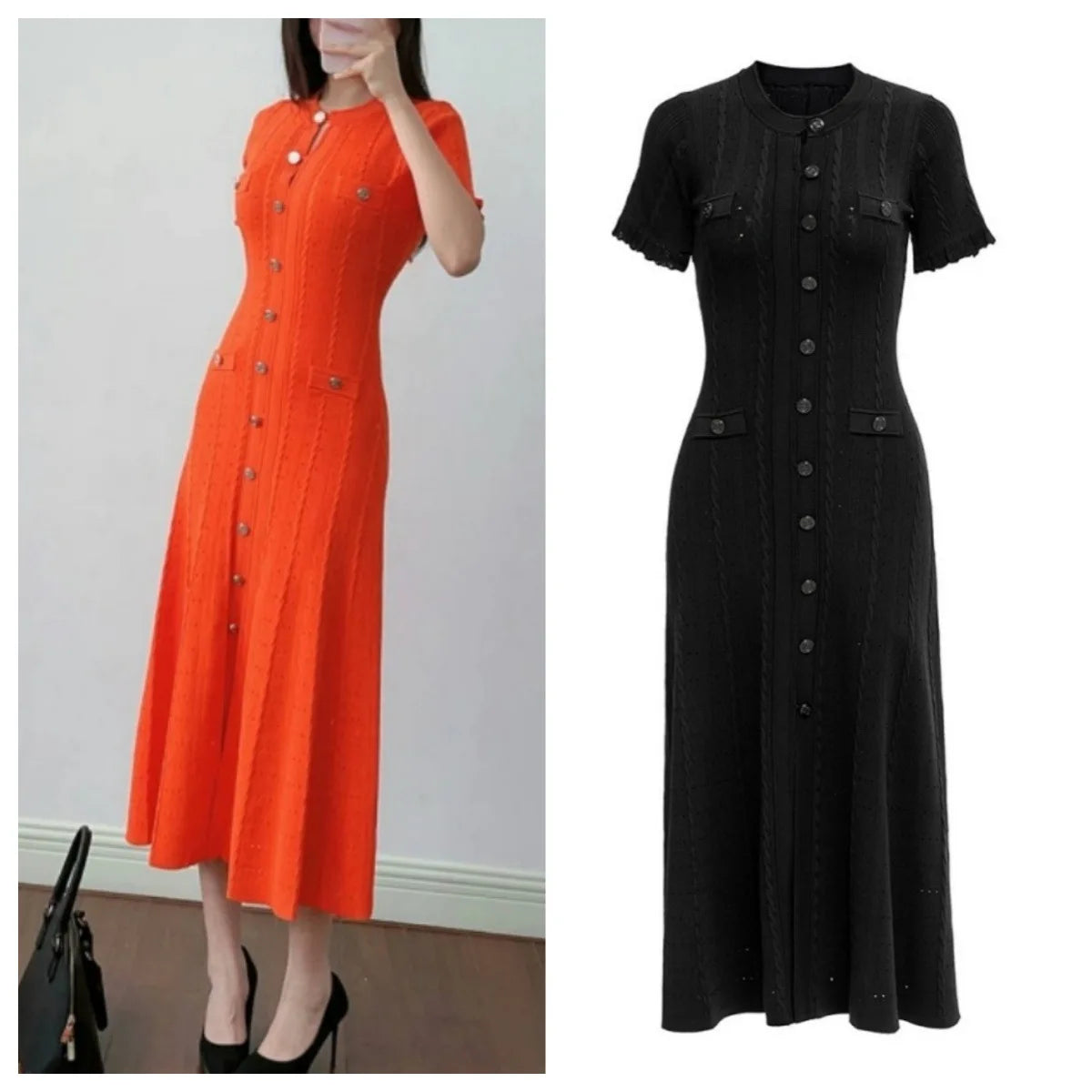 Summer Solid Round Neck Short Sleeved Office Lady Knitted Dress Women Korean Single Breasted Hollow Out Long Dress Fashion Trend