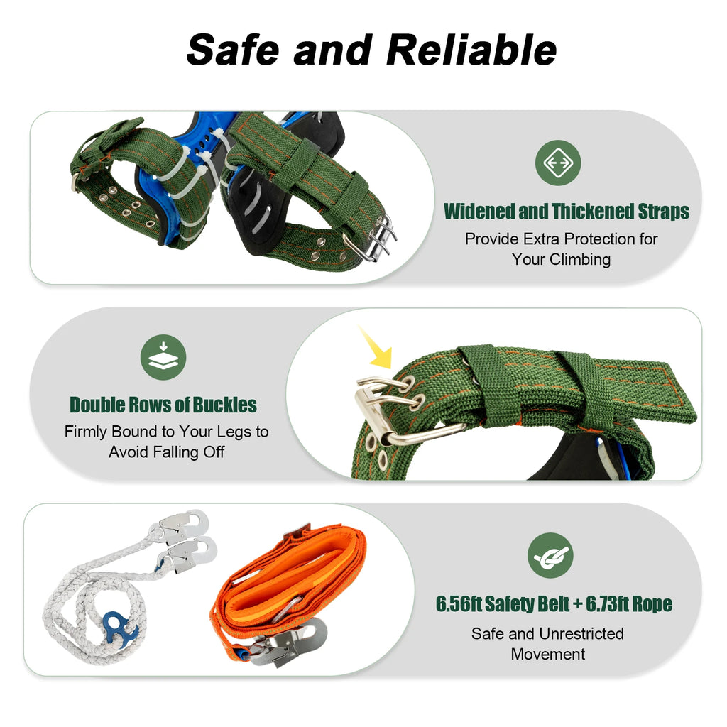 Tree Climbing Tools with Safety Belt 2M Rope 45# Steel Wide Foot Pedal Comfortable Kit for Fruit Picking, Jungle Survival, Black