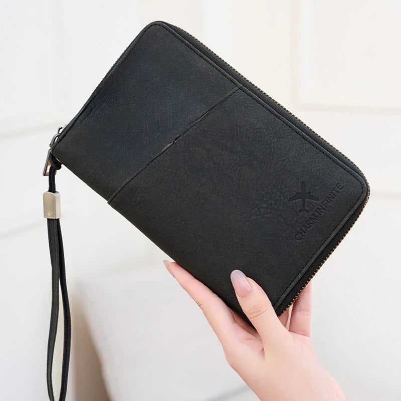 Multi-Functional RFID Blocking Passport Bag Travel Document Holder with Long Zipper Ticket Storage Wallet for Multiple Passports