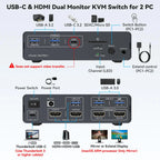 KVM Switch 2 Monitors 2 Computers Docking Station USB C+HDMI/DP Input,4K@60Hz/120Hz DisplayPort Dual Monitor for Laptop Desktop