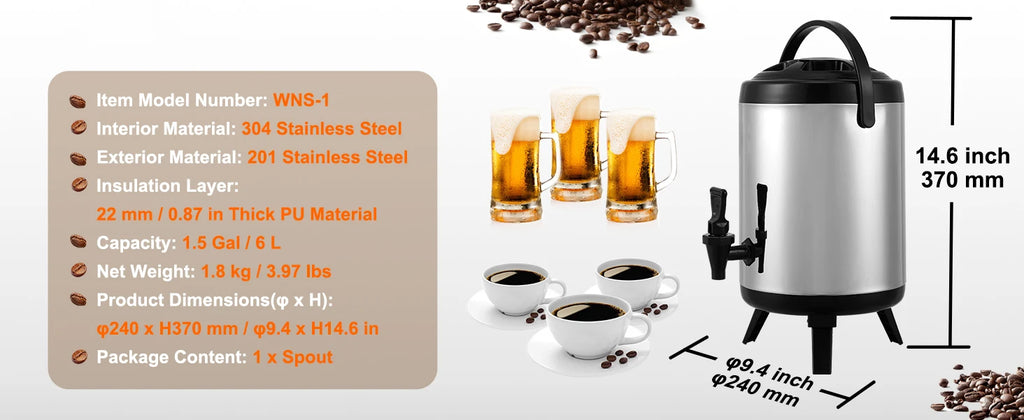 SucceBuy  Stainless Steel Insulated Beverage Dispenser 2 Gallon 7.6 Liter Thermal Hot and Cold Drink Server Dispenser