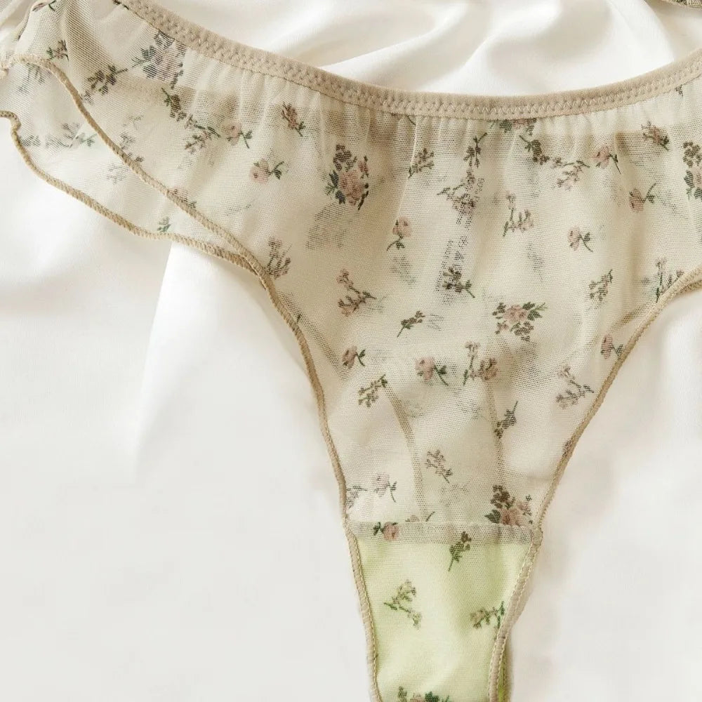 French Ultra Thin Lingerie Set Sexy Lace Floral Prints Bra Fashion Women Underwear Mesh Breathable Intimates Bras and Thong Sets