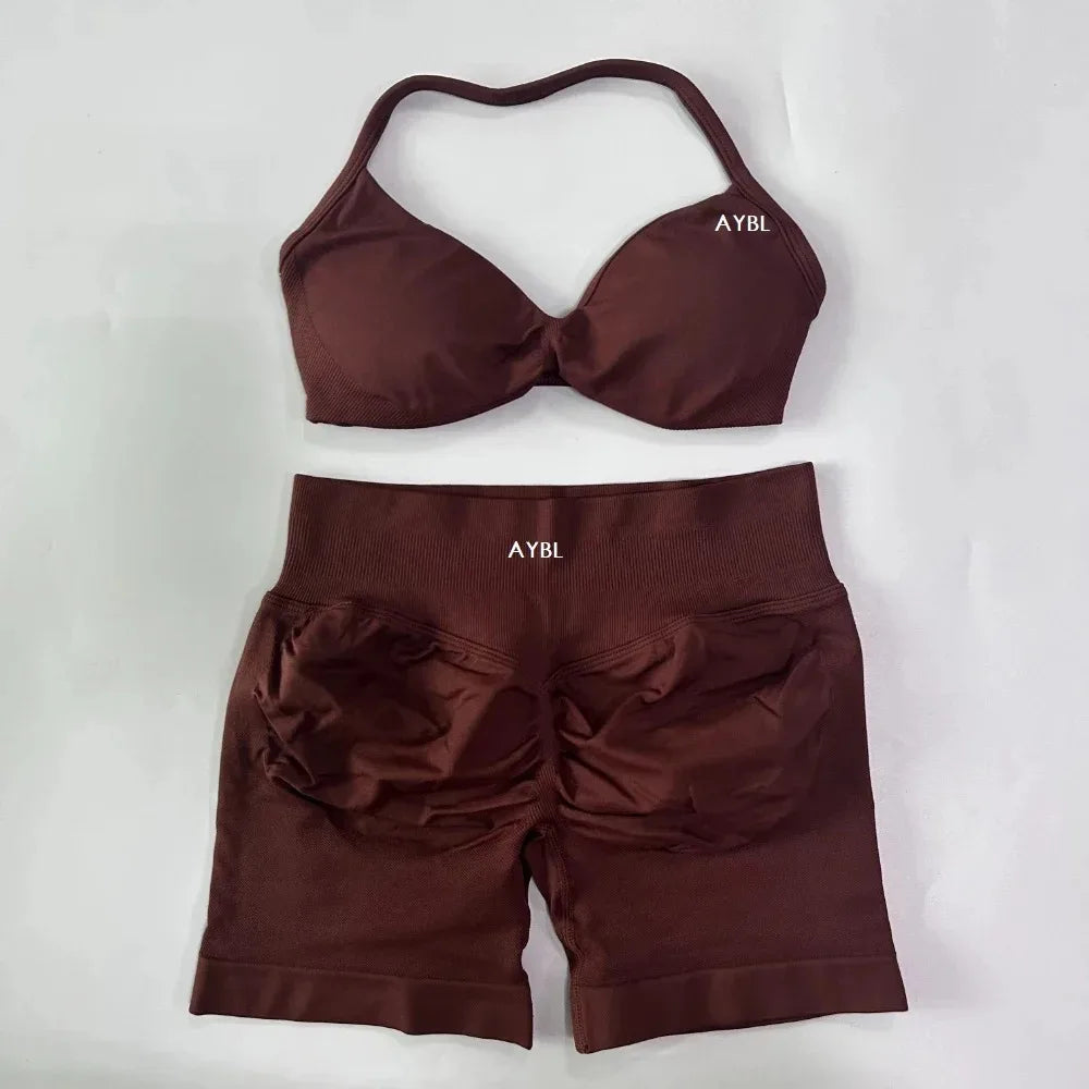 AYBL 2PCS Yoga Set Gym Set Women Strappy Yoga Bra Top High Waist Workout Scrunch Shorts Sports Suit Seamless Yoga Set Fitness