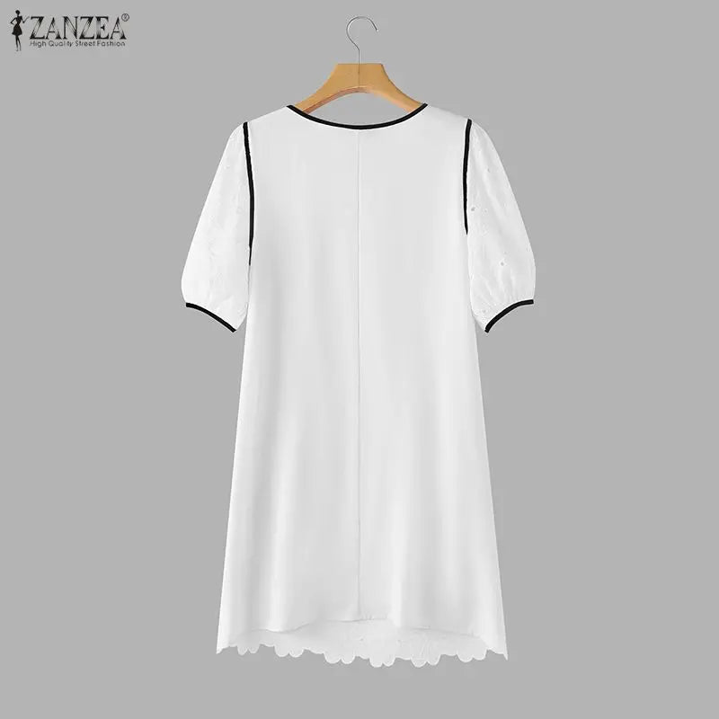 ZANZEA Summer Women's Openwork Embroidered Dresses O-Neck Half Puff Sleeve Contrast-Trim Knee-Length Dress Casual A-Line Robes Secondary image