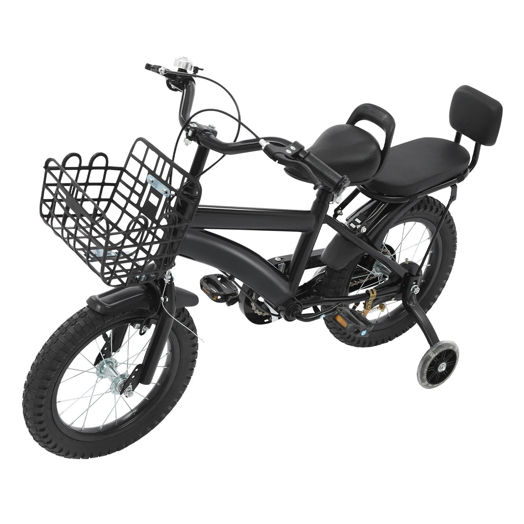 14" Kids Bike Adjustable Children's Bicycle Load 60kg w/Training Wheels+Basket+Backrest Rear Seat for 3-7 Year Old (White/Black)